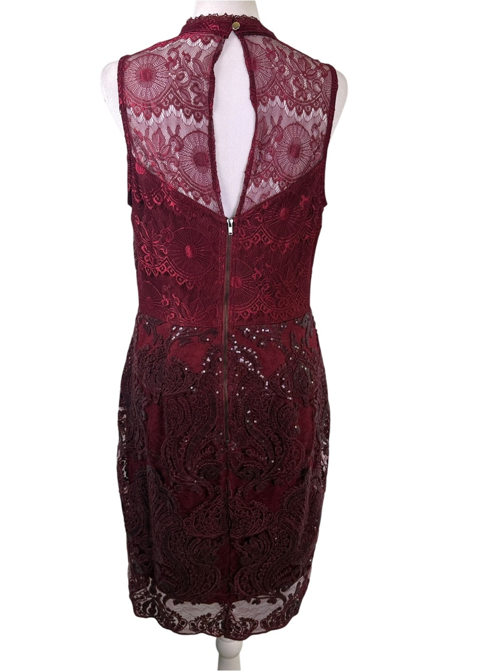 Soieblu Burgundy Lace Sequin Cocktail Dress Size L Mock Neck Sheath Party - Picture 7 of 10